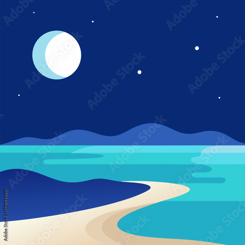 A tranquil night beach scene with a glowing moon reflecting on calm ocean waters vector landscape background.
