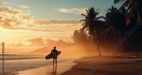 Surfer Walking on Pristine Beach at Sunset With Palm Trees in the Background