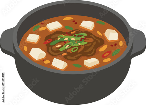 A detailed illustration of a Korean stew, served in a black earthenware pot, with tofu and vegetables.