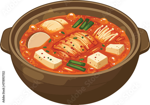 Kimchi jjigae, a Korean stew, in a brown earthenware pot, with tofu, mushrooms, and scallions.