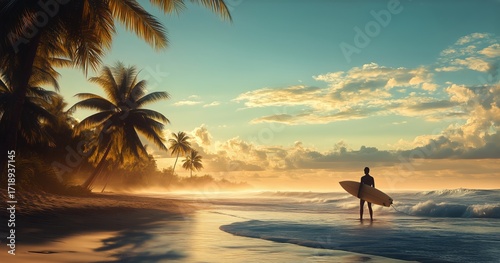 Surfer Walking Along the Shoreline at Sunset With Palm Trees in the Background