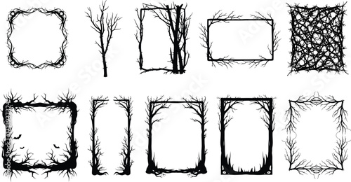 Spooky halloween frames and borders with bare branches for invitations and graphic design