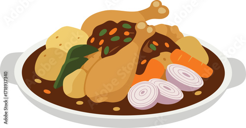 A hearty stew with chicken drumsticks, potatoes, carrots, and onions in a rich brown sauce, served in an oval white dish.