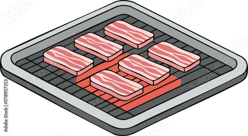 Isometric view of a grill with six pieces of raw bacon cooking on it.