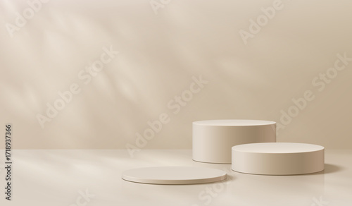 Beige 3D round product podium background with empty space, natural light. Abstract composition in minimalist design. Studio display showroom stands pedestal, Fashion stage showcase mockup wall scene.