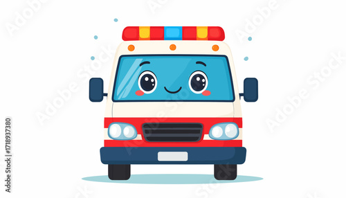 Cute Cartoon Ambulance Smiling, Expressive Eyes, Ready to Help with Medical Emergencies