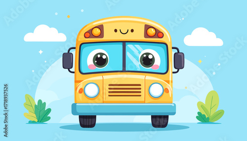 School Bus Illustration Happy Cartoon Character with Smiling Eyes and Friendly Design