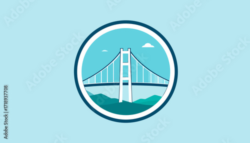 Vector illustration of a suspension bridge with blue sky and clouds in a circular frame for logo design