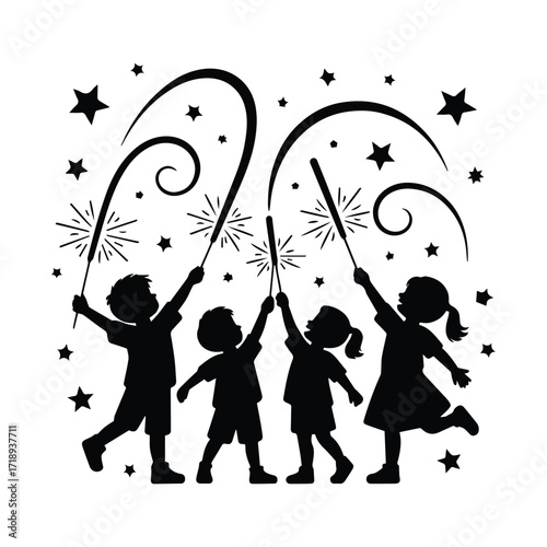 Silhouette of children with sparklers celebration of festival festive season vector illustration