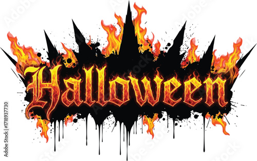 Fiery halloween text design with dripping black ink and flames on a white background