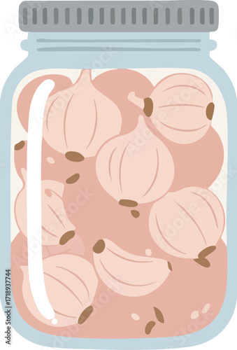 An illustration of a glass jar filled with pickled whole garlic bulbs in a pink brine, sealed with a grey lid.