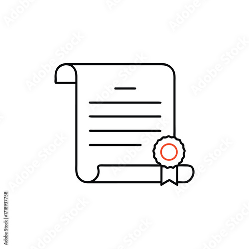 Certificate Icon with Ribbon and Seal in Line Art Style with Background