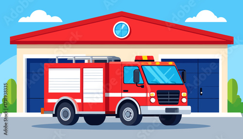 Firetruck parked in front of the fire station - Vector illustration for emergency services