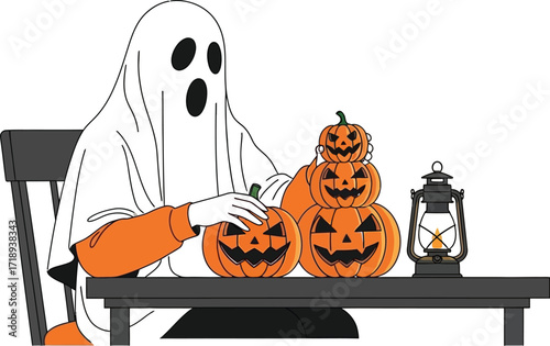 Spooky ghost carving pumpkins for halloween with a vintage lantern on a white background