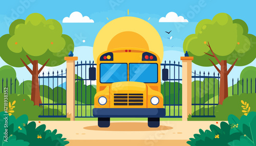 School Bus at Gate A Sunny Morning Scene with Trees, Fences, and a Welcoming Atmosphere