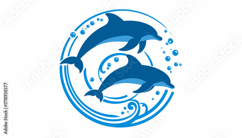 Dolphin Duo A Vector Illustration of Two Playful Dolphins in a Circular Design with Bubbles