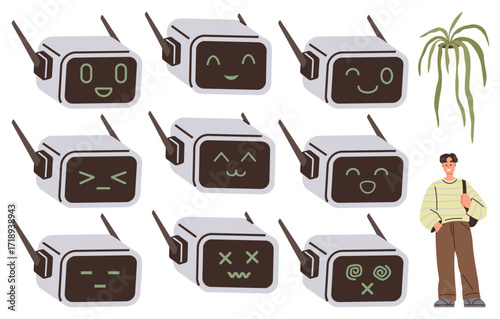 Multiple AI robots with expressive digital faces aligned in rows, showcasing emotions. A person stands nearby holding a bag. Ideal for AI, emotion, technology, interaction, robotics, future