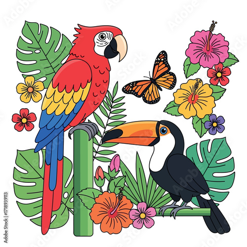 Vibrant Tropical Birds and Butterflies Amidst Lush Greenery and Exotic Flowers