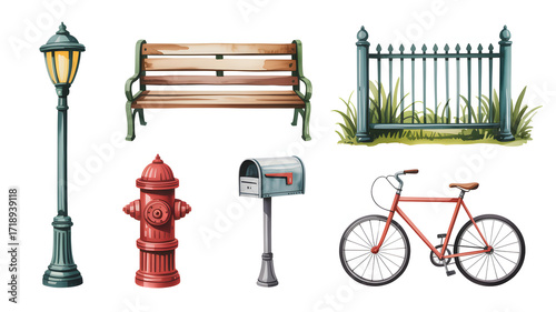 Watercolor Urban Landscape Illustration Featuring a Street Lamp, Bench, Fence, Fire Hydrant, Mailbox, and Bicycle for Cityscape and Outdoor Scenes
