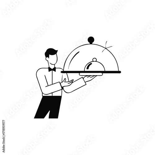 Isolated Waiter Holding Silver Tray Cloche with Black Bow Tie on White Backdrop