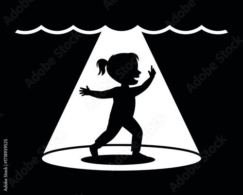 Child silhouette spotlight joyful dancer performing stage light vector