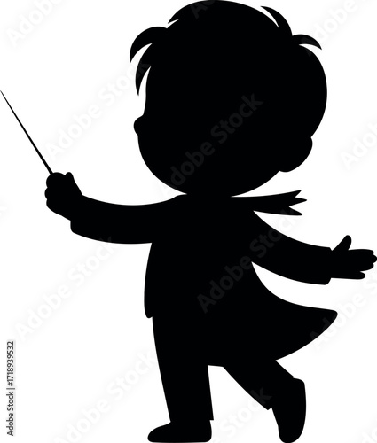 Silhouette child maestro conducting magic sparkle fantasy vector