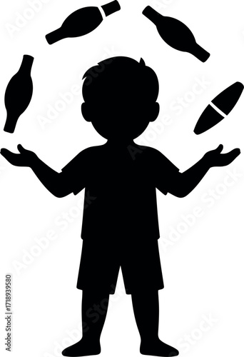 Child juggler silhouette skillful playful acrobatics entertainment vector