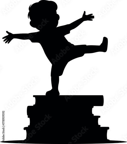 Child silhouette balancing on stacked books joyful learning concept vector