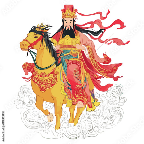 god of wealth on horseback, new year, asia, vector, transparent background, festival, god of wealth, horse, ride