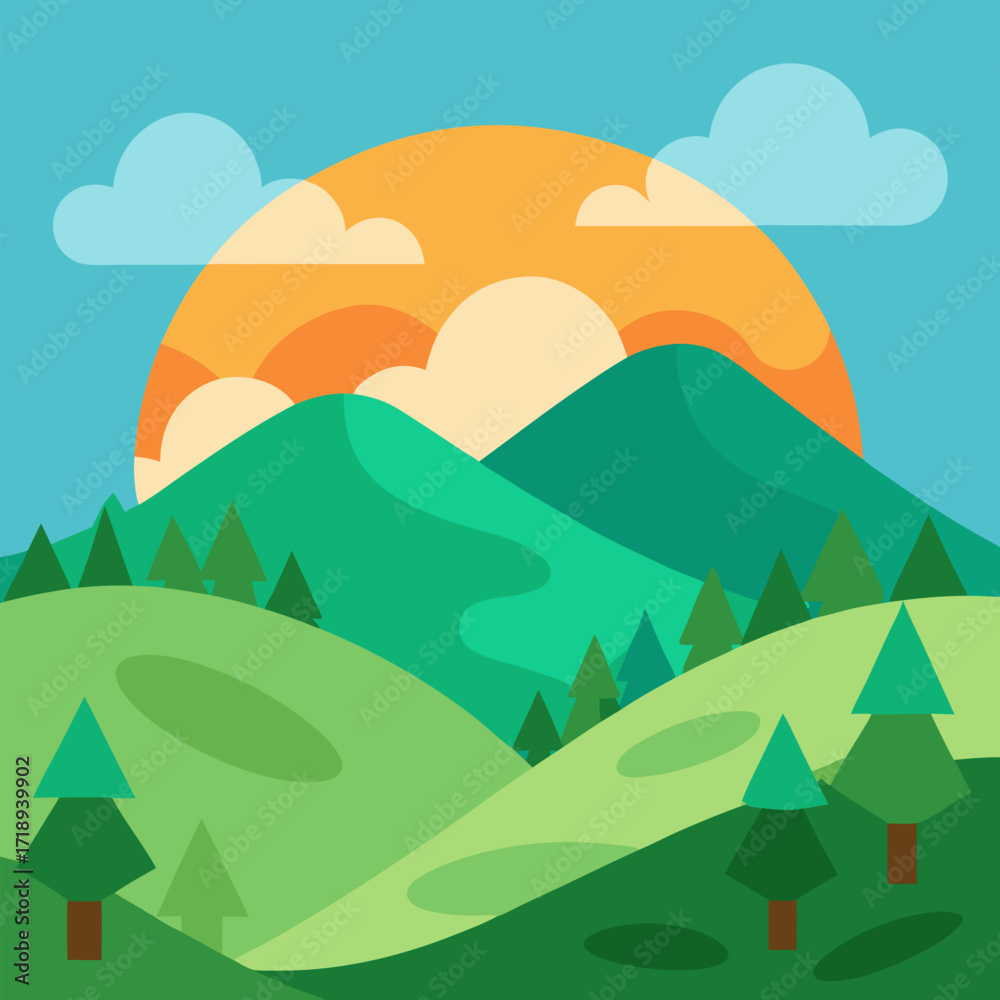 Fototapeta premium Hills with sky mountain tree vector green natural landscape background.