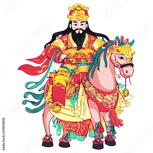 god of wealth on horseback, new year, asia, vector, transparent background, festival, god of wealth, horse, ride