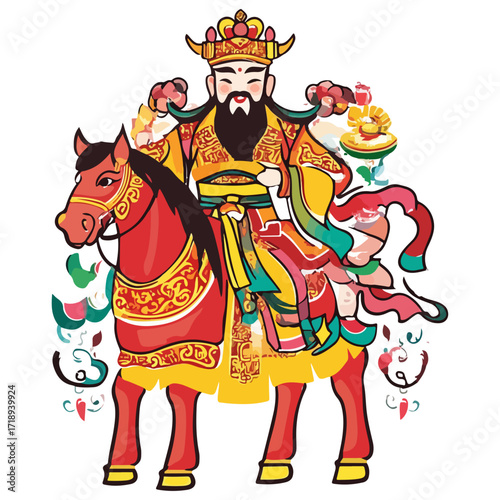 god of wealth on horseback, new year, asia, vector, transparent background, festival, god of wealth, horse, ride