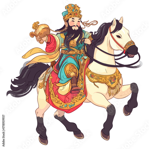 god of wealth on horseback, new year, asia, vector, transparent background, festival, god of wealth, horse, ride