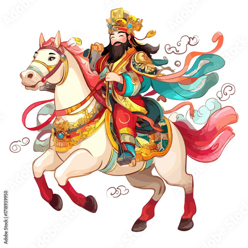 god of wealth on horseback, new year, asia, vector, transparent background, festival, god of wealth, horse, ride