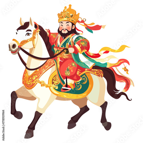 god of wealth on horseback, new year, asia, vector, transparent background, festival, god of wealth, horse, ride