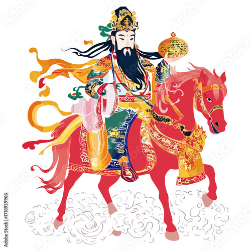 god of wealth on horseback, new year, asia, vector, transparent background, festival, god of wealth, horse, ride