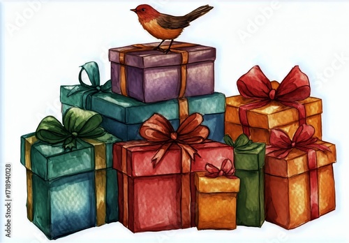 Colorful Gift Boxes Stacked Together With a Bird Perched on Top During a Fest...