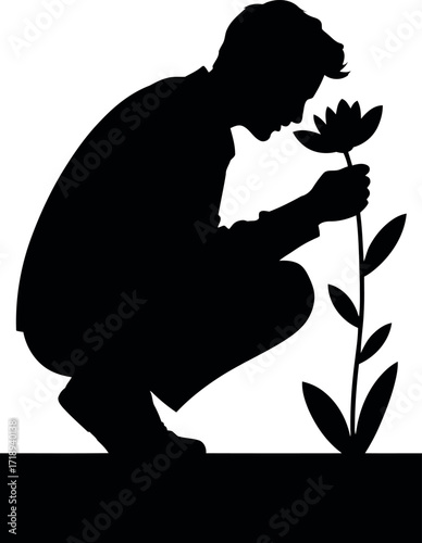 Silhouette person smelling flower nature serenity vector