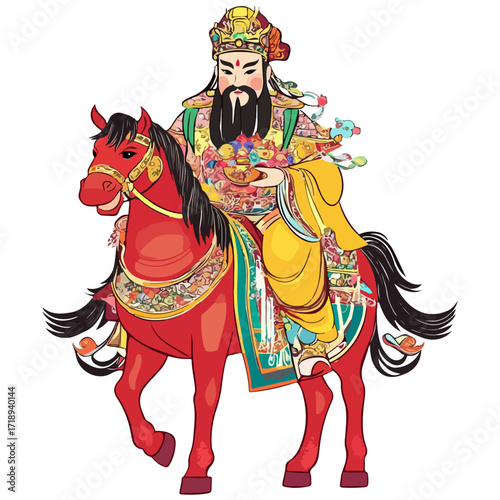 god of wealth on horseback, new year, asia, vector, transparent background, festival, god of wealth, horse, ride