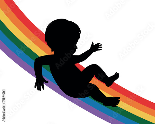 Joyful baby silhouette sliding down rainbow joyful childhood concept vector