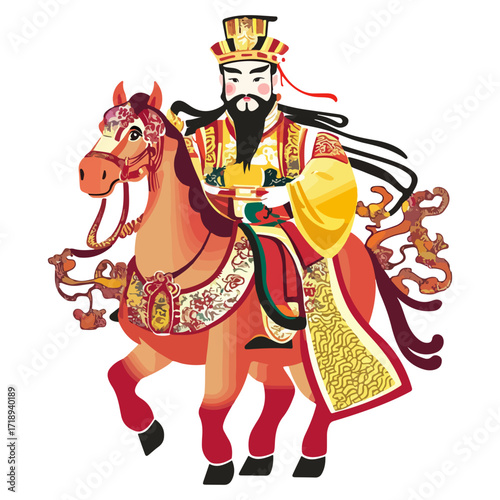 god of wealth on horseback, new year, asia, vector, transparent background, festival, god of wealth, horse, ride