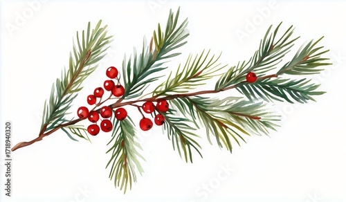 Green Pine Branch With Vibrant Red Berries Captured in a Detailed Botanical I...