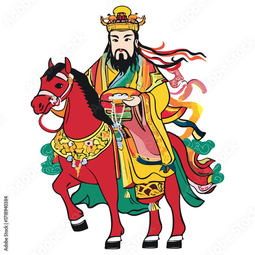 god of wealth on horseback, new year, asia, vector, transparent background, festival, god of wealth, horse, ride