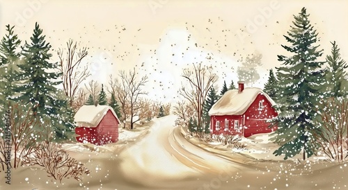 Charming Winter Scene With Snow-Covered Red Houses Along a Quiet Country Road