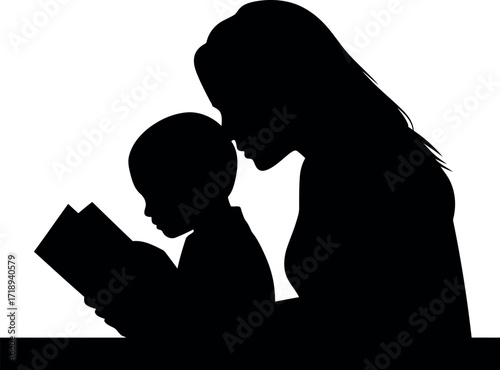 Mother and child silhouette reading together warm family moment vector