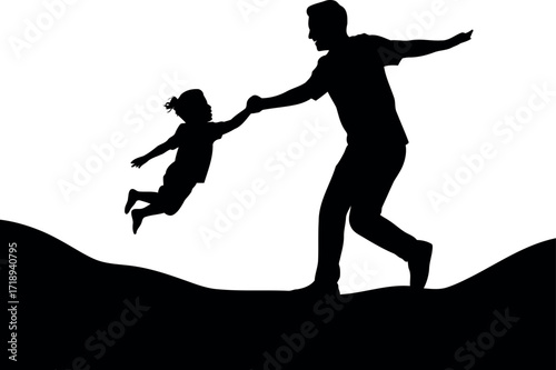 Joyful father and child silhouette playing outdoors dusk silhouette vector