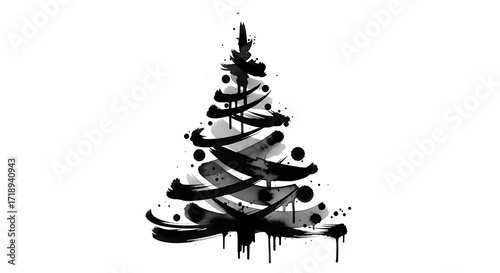 Illustration of a Minimalist elegant christmas tree in japanese ink painting art, artistic ink outline, modern holiday style