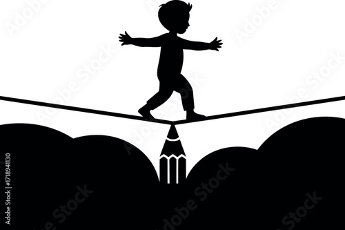 Child silhouette on tightrope balanced by pencil overcoming challenges concept vector