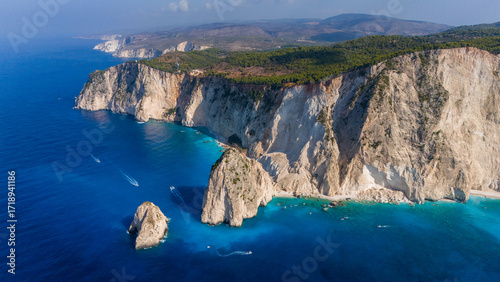 Myzithres rocks Zakynthos Greece aerial view with limestone cliffs turquoise bays sandy beaches and deep blue Ionian Sea under clear summer sky