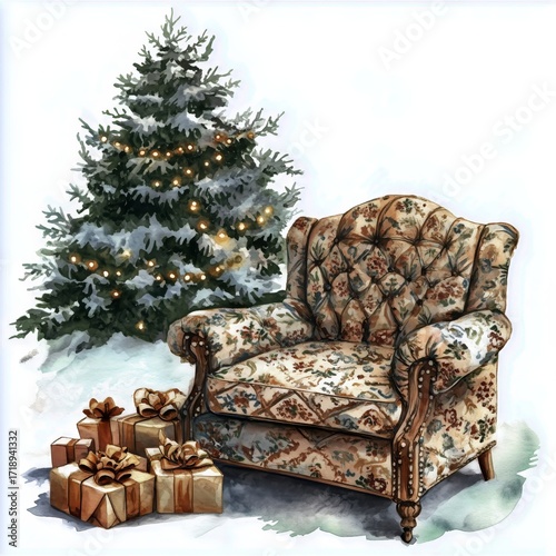 Cozy Chair by a Decorated Christmas Tree Surrounded by Gifts on a Snowy Day
